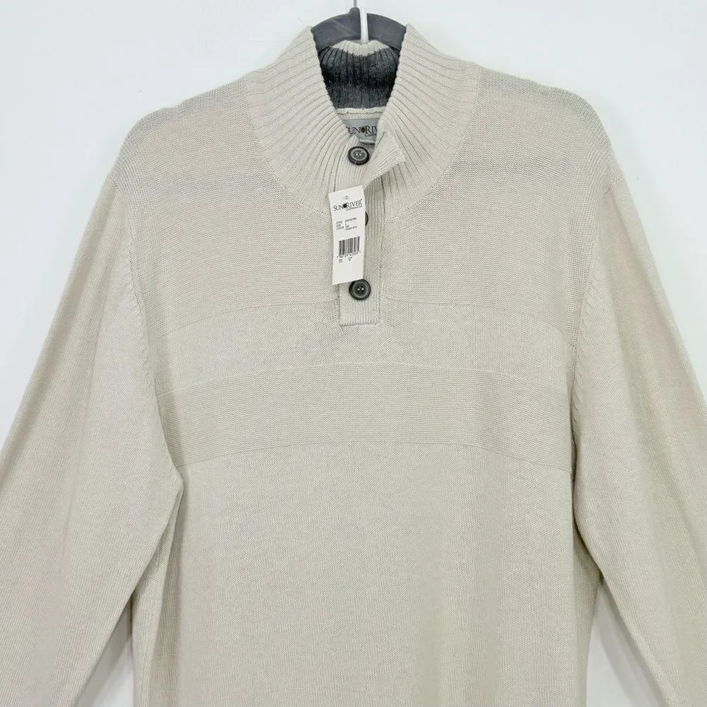 Sun River Clothing Co. Ivory Heather Quarter Button Cotton Pullover Sweater NEW